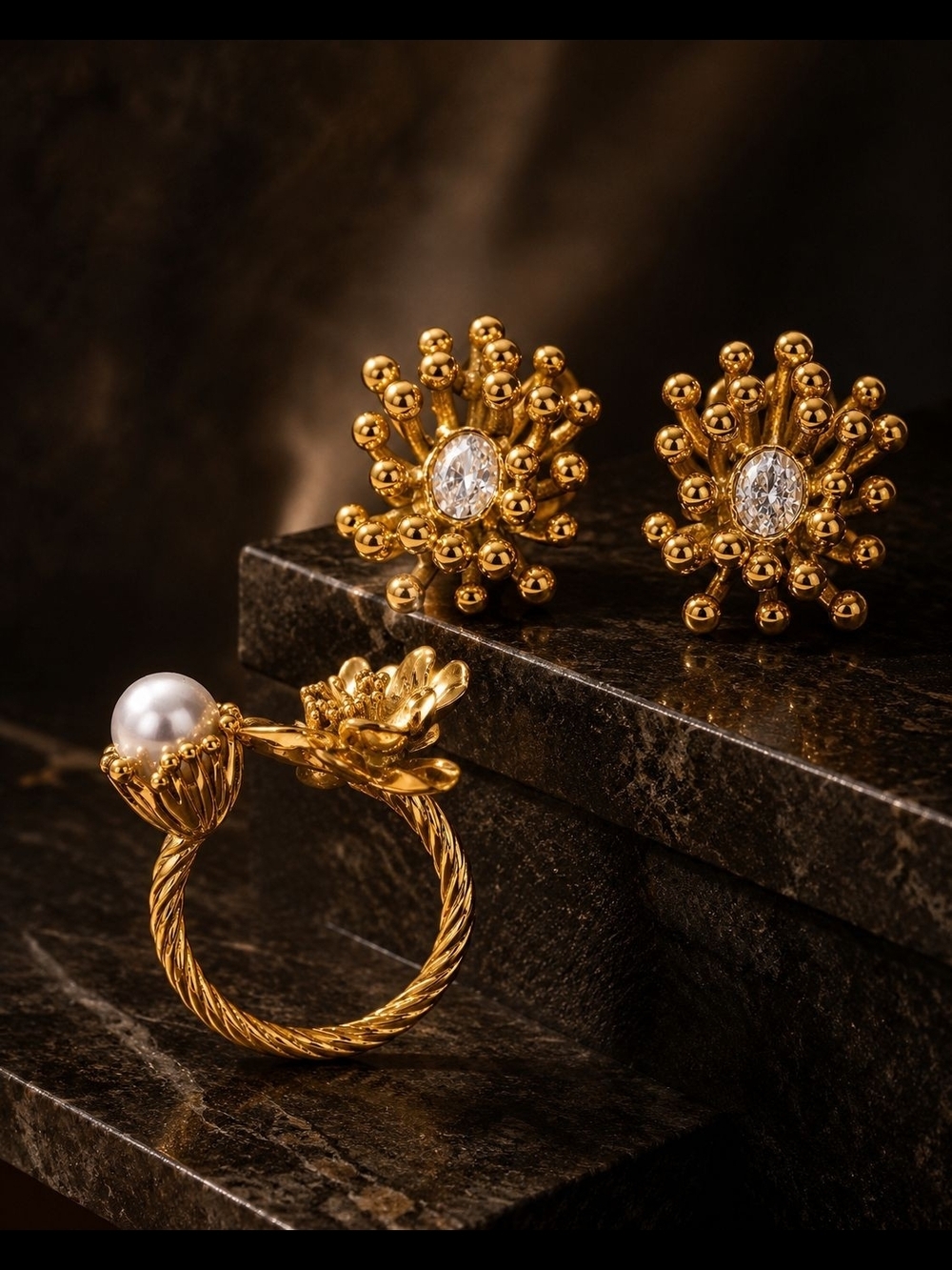 Gold Pearl Floral Ring with Sunburst Earrings